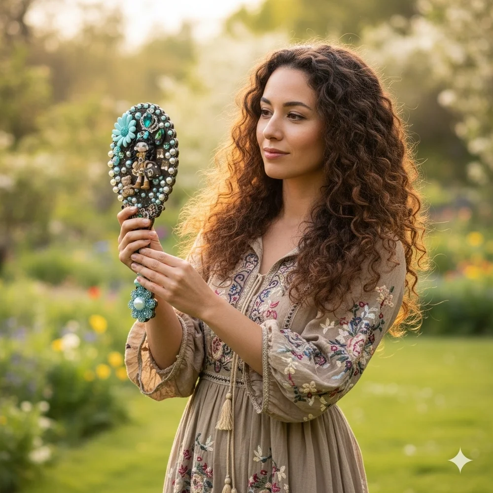 Handheld Beauty Makeup Mirror Clay Doll Bling Embellished Fashion Teal Brown